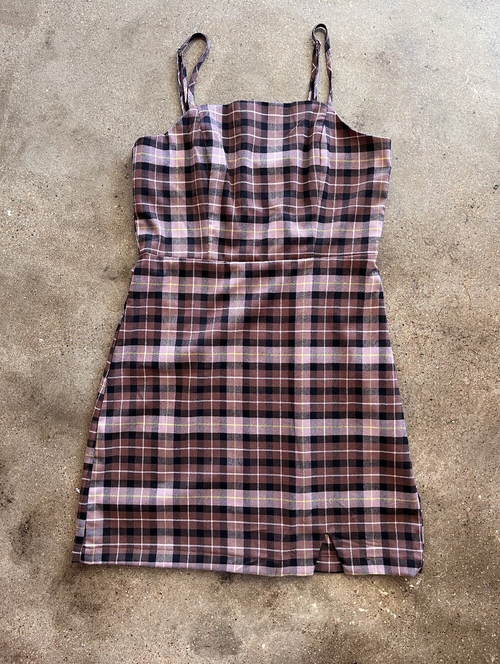 GB Plaid Spaghetti-Strap Mini Dress in Brown and Pink